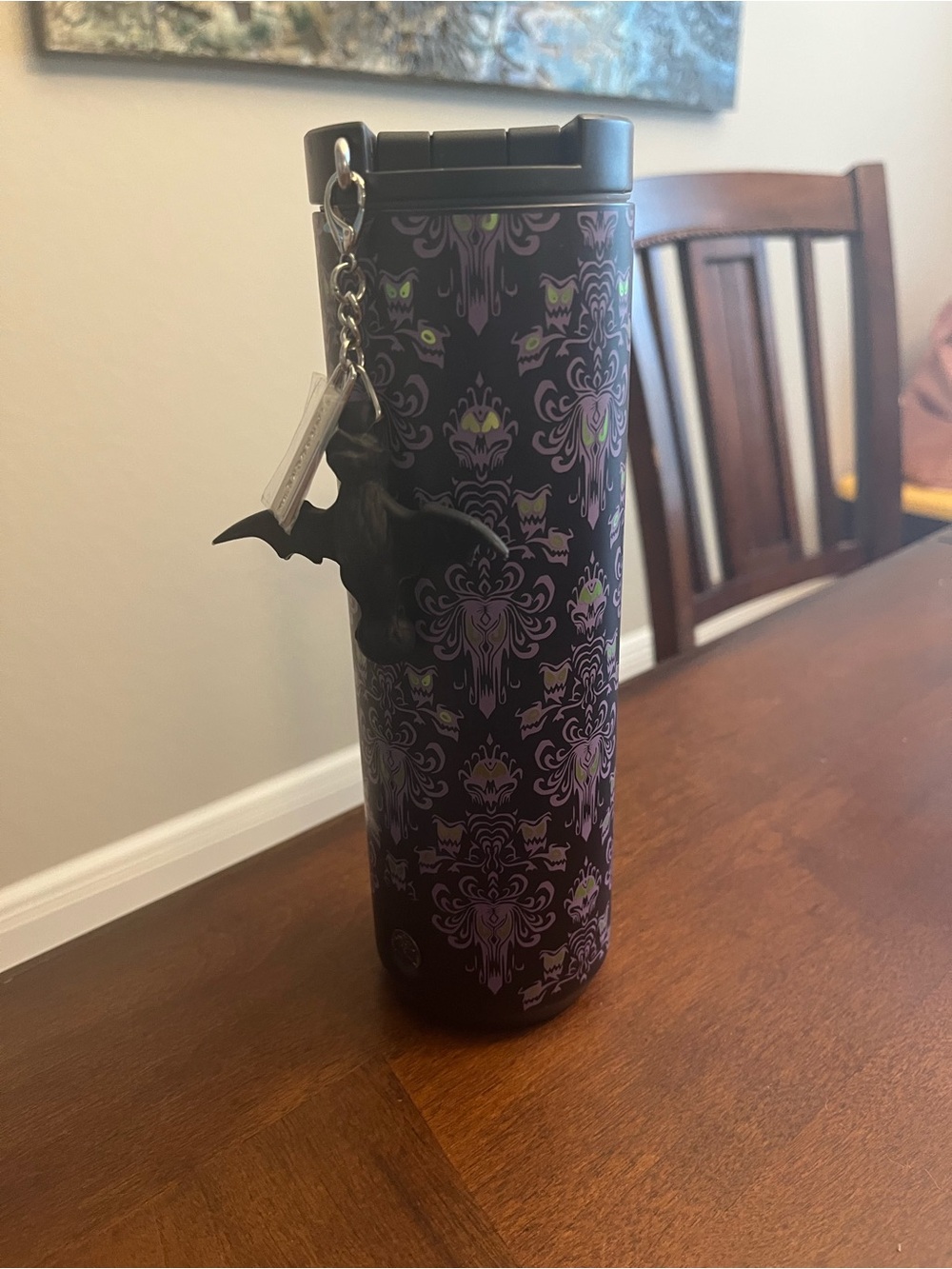 NEVER USED~HAUNTED MANSION STEEL BOTTLE TUMBLER WITH BAT CHARM